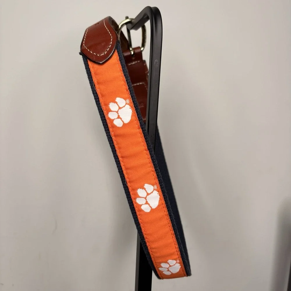 CLEMSON TIGERS Canvas Leather Belt Orange Solid Brass Buckle Boys Size 22‎ L 30